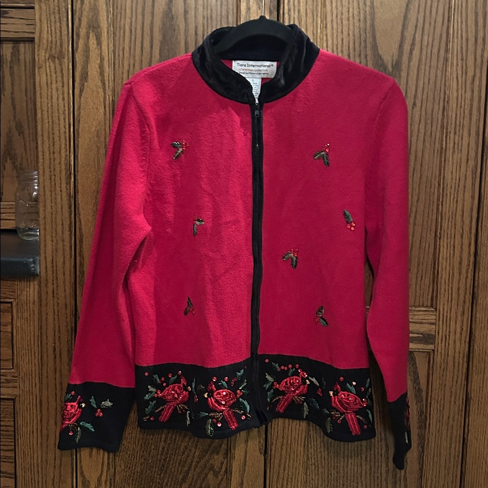 Tiara International Christmas Collection Red Cardigan Sweater Cardinals Holly L